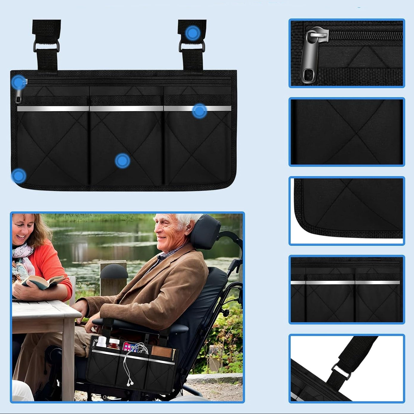 Rollstuhl-Organizertasche mit Schnellzugriff und Reflektorstreifen