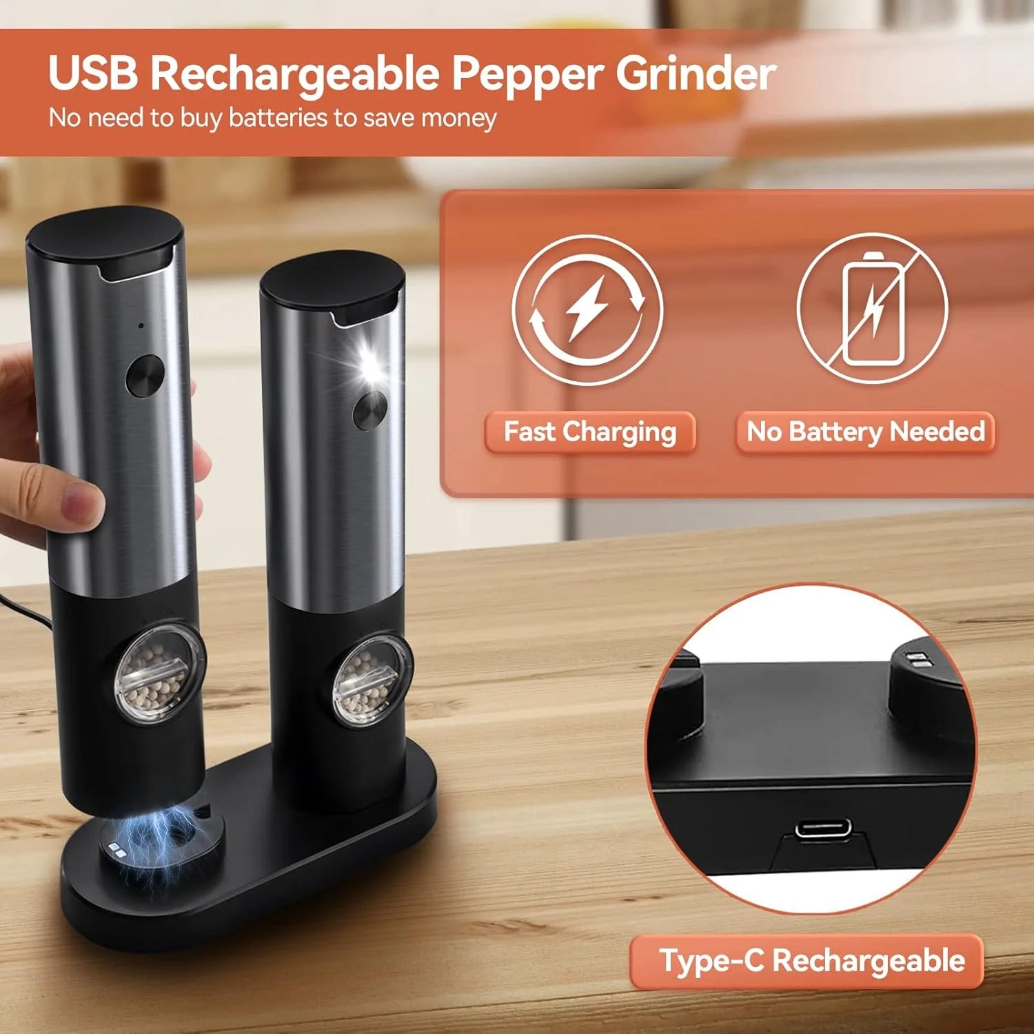 Electric Salt and Pepper Mill Set with Charging Station