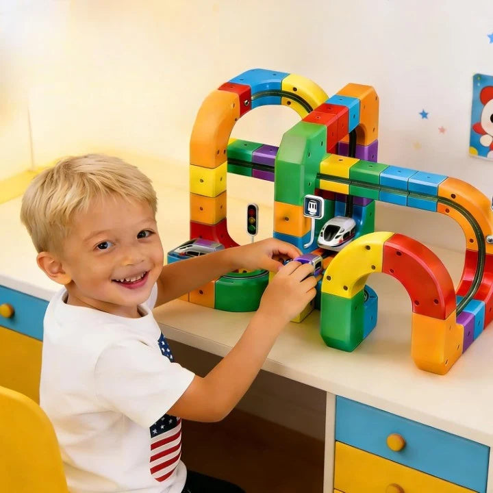 Magnetic building block track with train - gravity effect to amaze