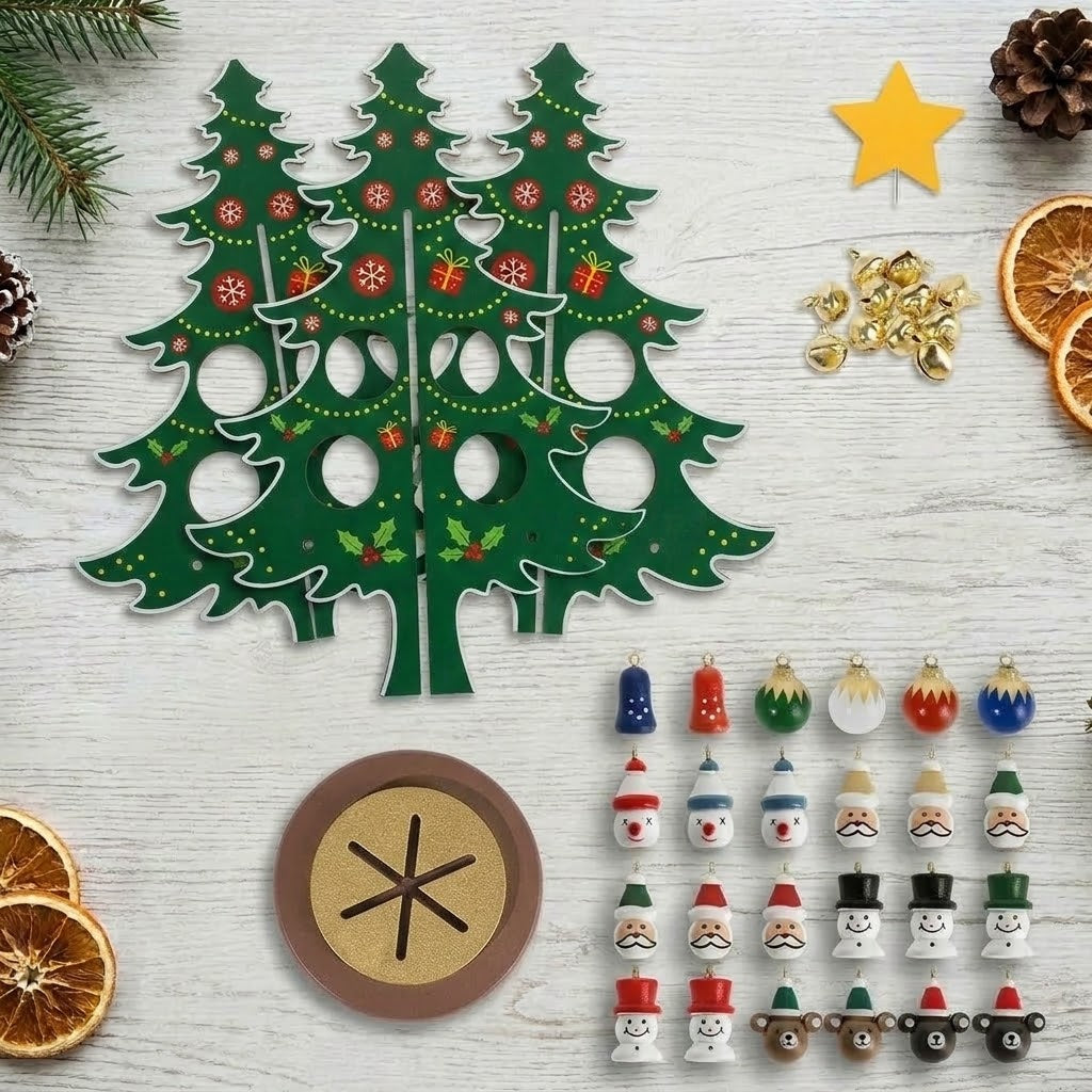 Advent calendar with wooden Christmas tree to decorate, 24 wooden ornaments