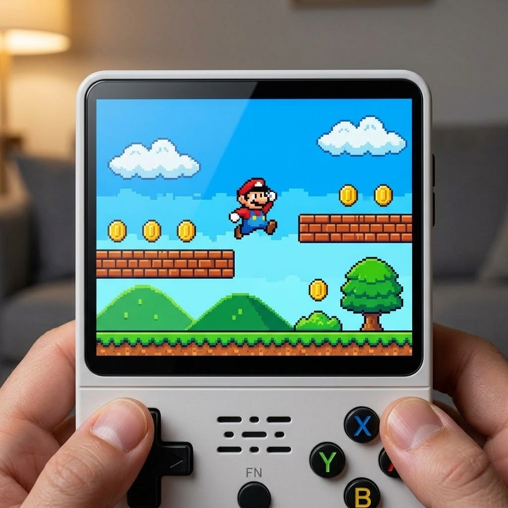 Retro handheld game console with 2 analog sticks, 640×480, in 5 colors