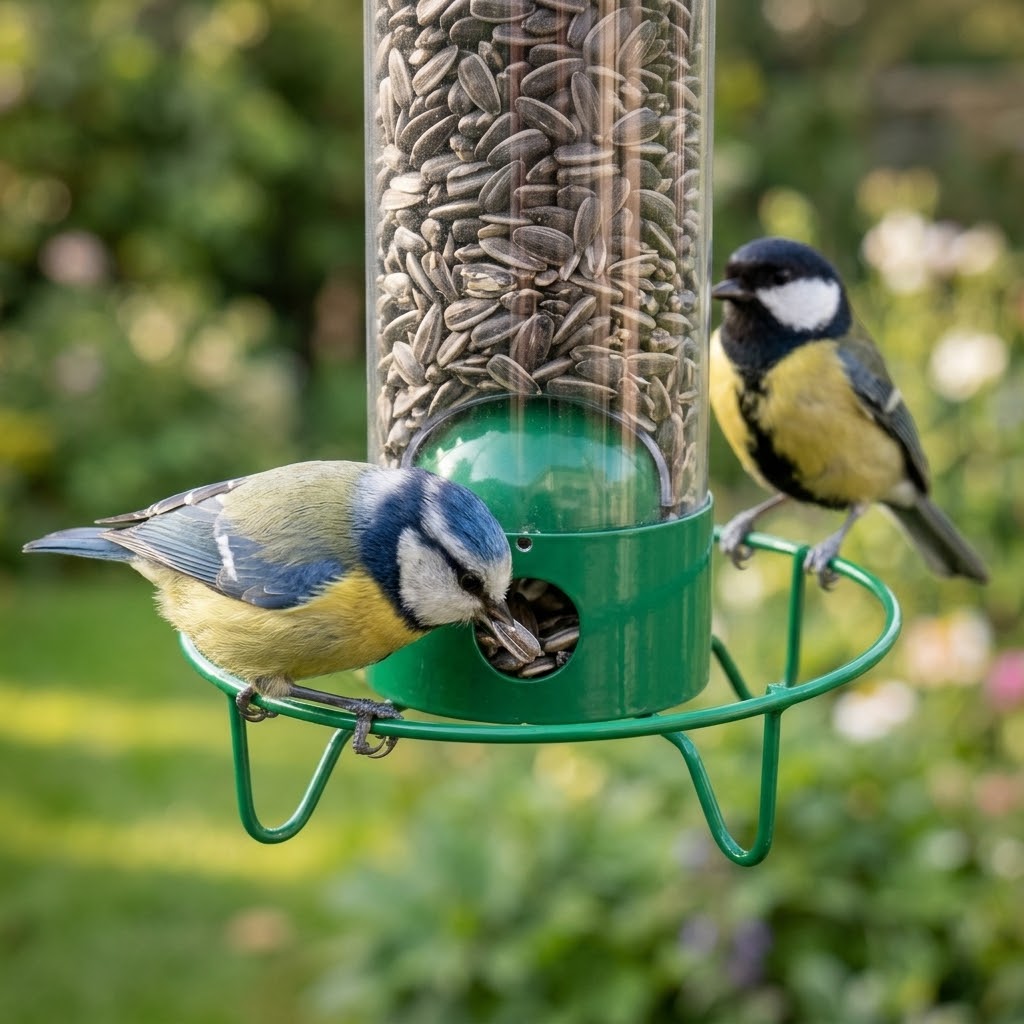Futtersäule für Wildvögel mit Sitzring und transparenter Röhre