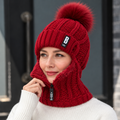 Knitted hat with scarf and fur pom-pom – Windproof for cold days