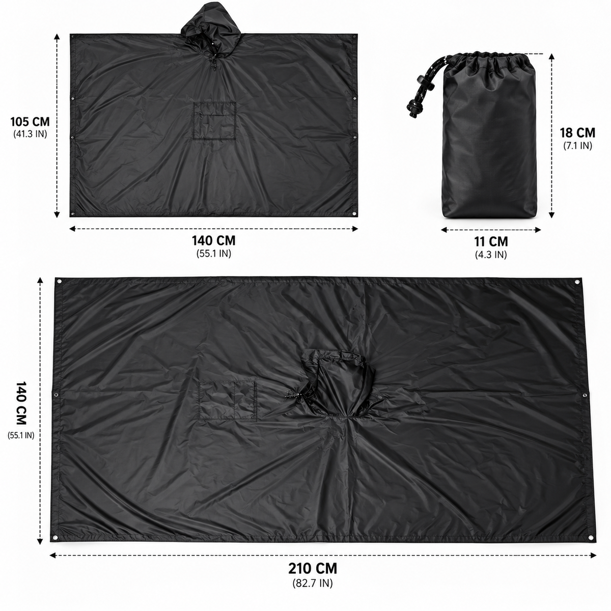 Regenponcho mit Kapuze und Fronttasche, faltbar – 210 × 140 cm