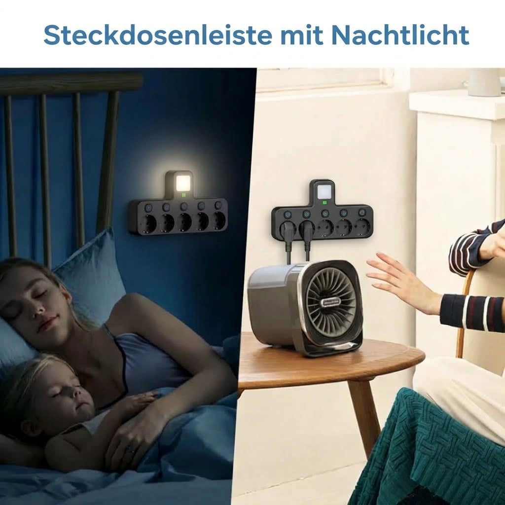 5-way wall outlet adapter with individual switches and night light
