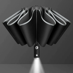 Stormproof umbrella with LED lighting and automatic mechanism