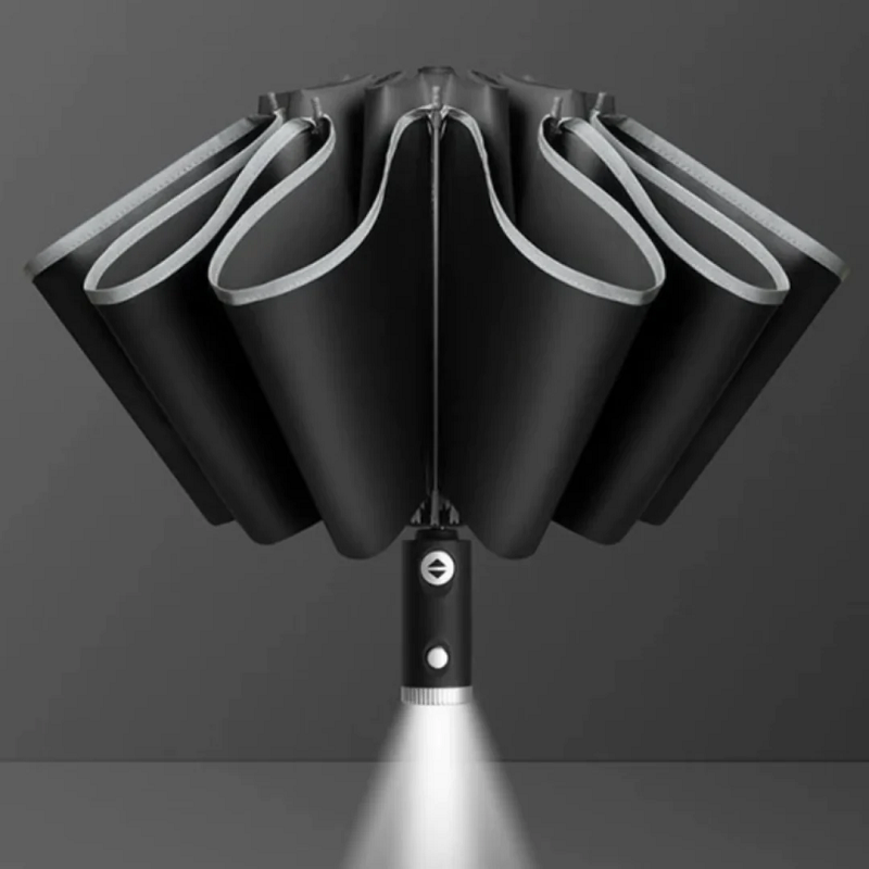 Stormproof umbrella with LED lighting and automatic mechanism