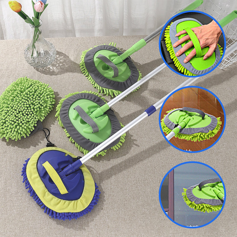 Telescopic car wash brush with rotating microfiber head
