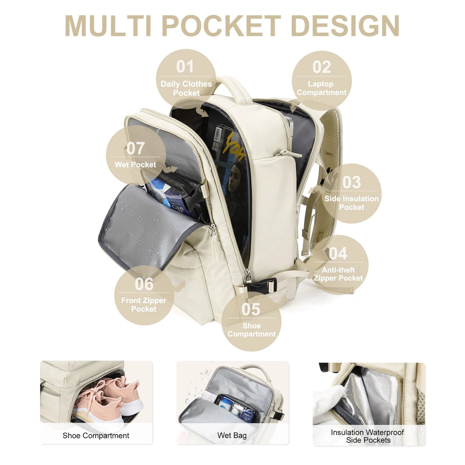 Travel backpack 35 L with USB port and shoe compartment