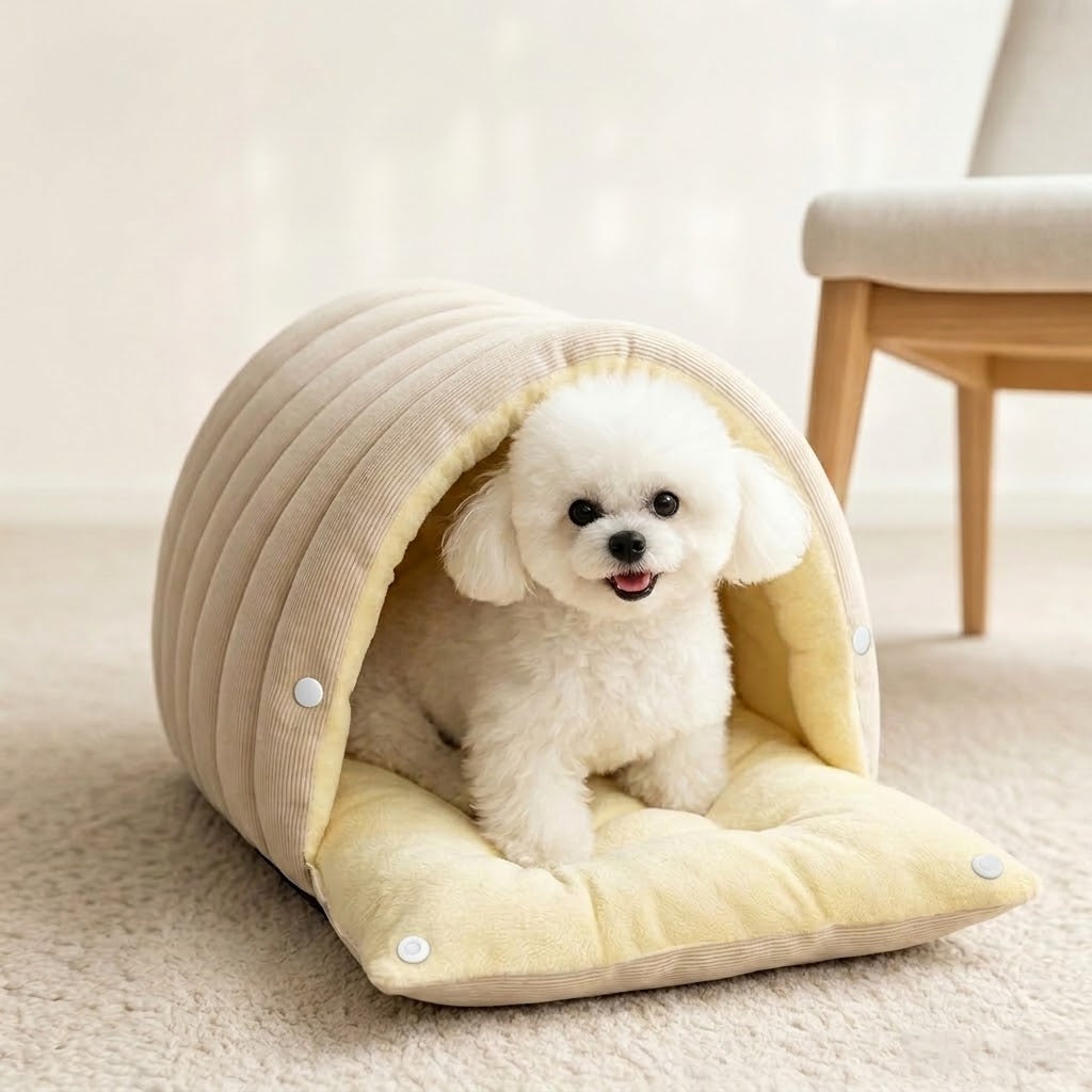 Kuschelhöhle mit Kuppeldach für kleine Hunde & Katzen – Plüsch innen, Cord-Optik außen, 2 Größen
