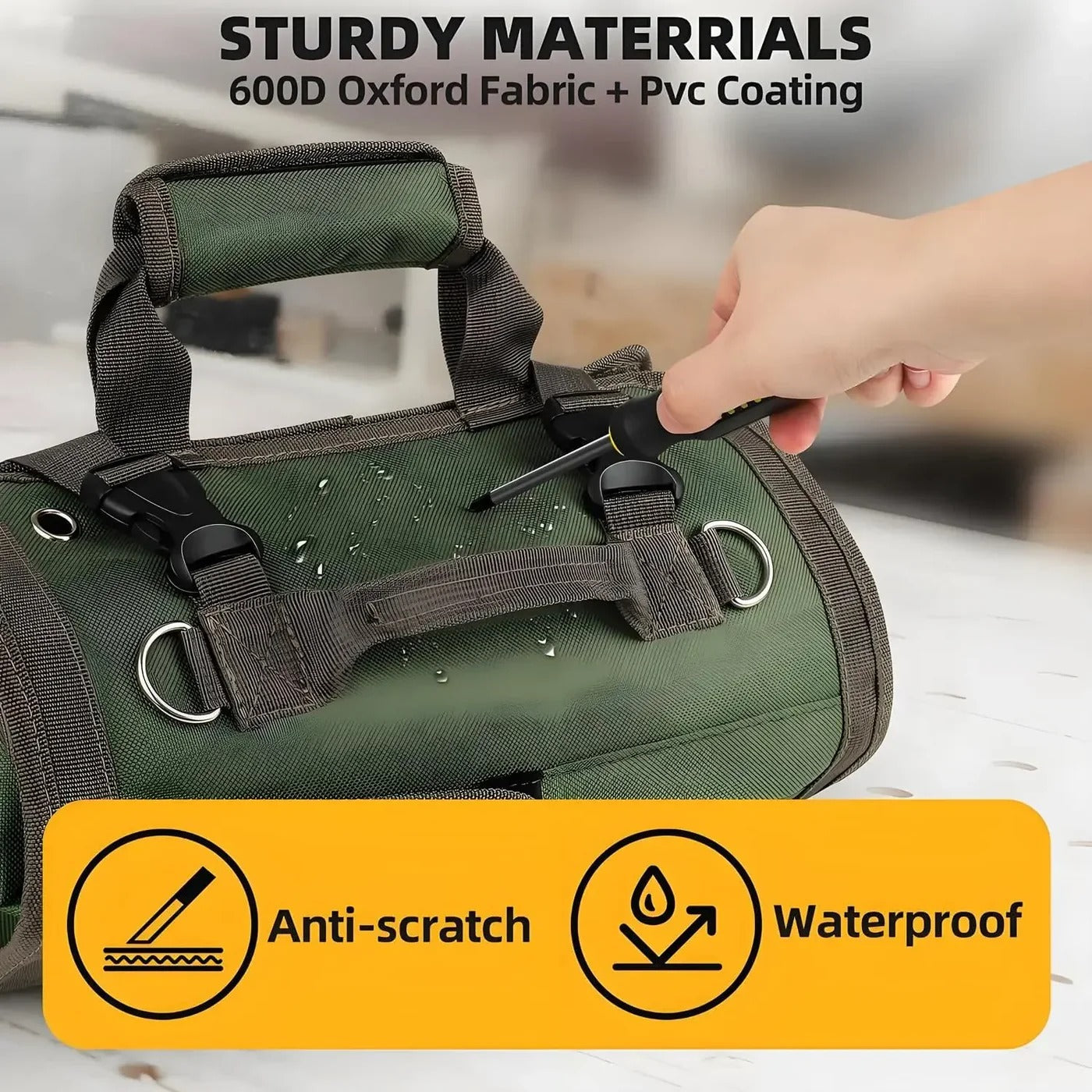 Werkzeugrolle Textil mit mehreren Taschen – Rollbar und Tragegriff