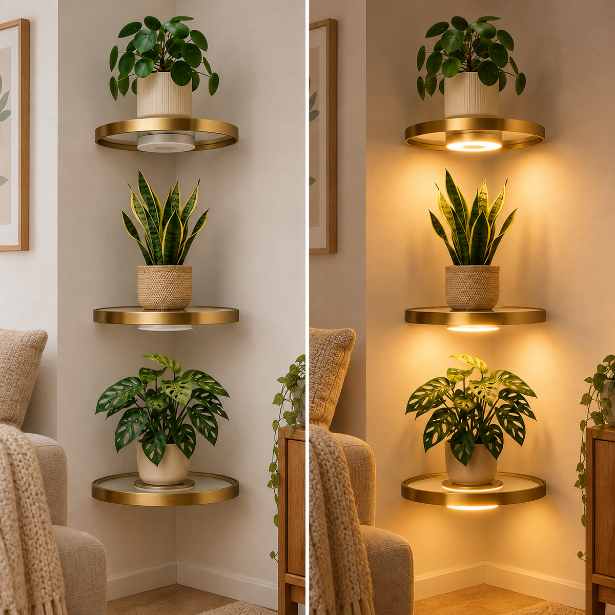 Round LED wall shelf with battery-powered lighting – Gold, Ø 20 cm