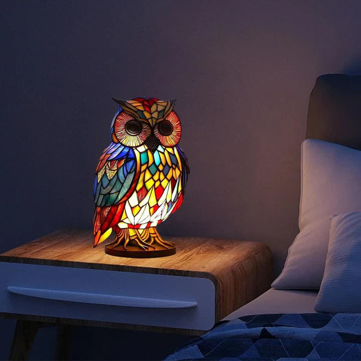Tischlampe Uil Buntglas – warmweißes LED-Licht für Wohnzimmer
