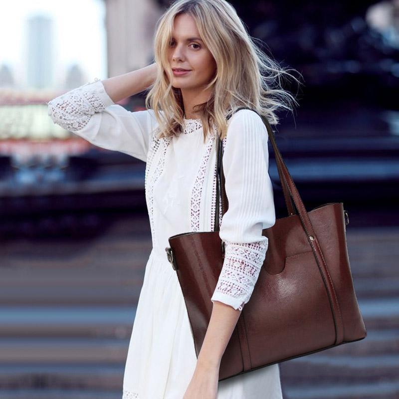 Leather handbag with large capacity and adjustable shoulder strap