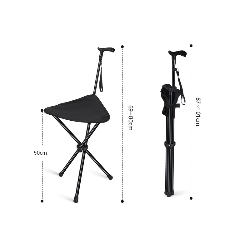 Walking stick with seat function – height adjustable, foldable