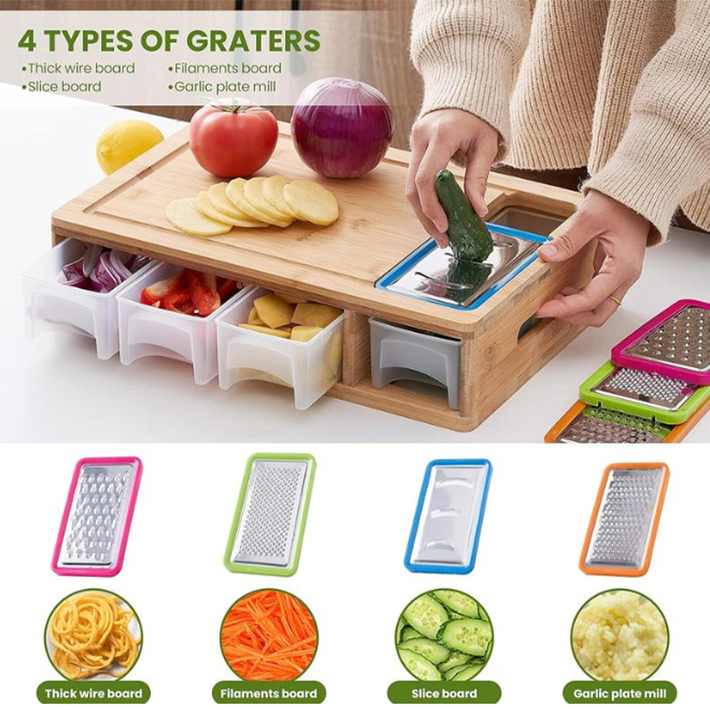 Bamboo cutting board with 4 graters and storage boxes cm