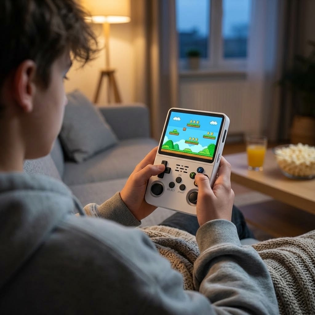Retro handheld game console with 2 analog sticks, 640×480, in 5 colors