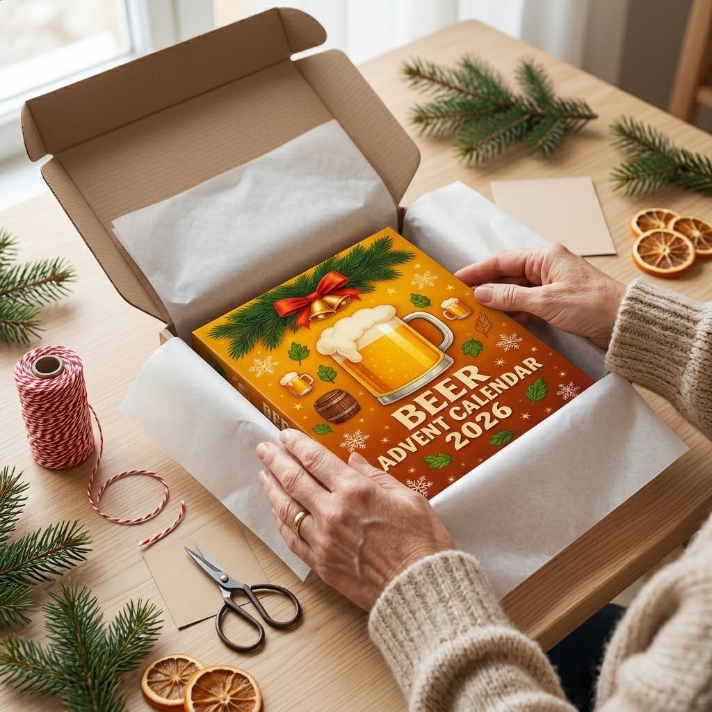 Beer Advent calendar 2026 with 24 flat beer bottle ornaments (approx. 3.9 cm), including hanging ribbons
