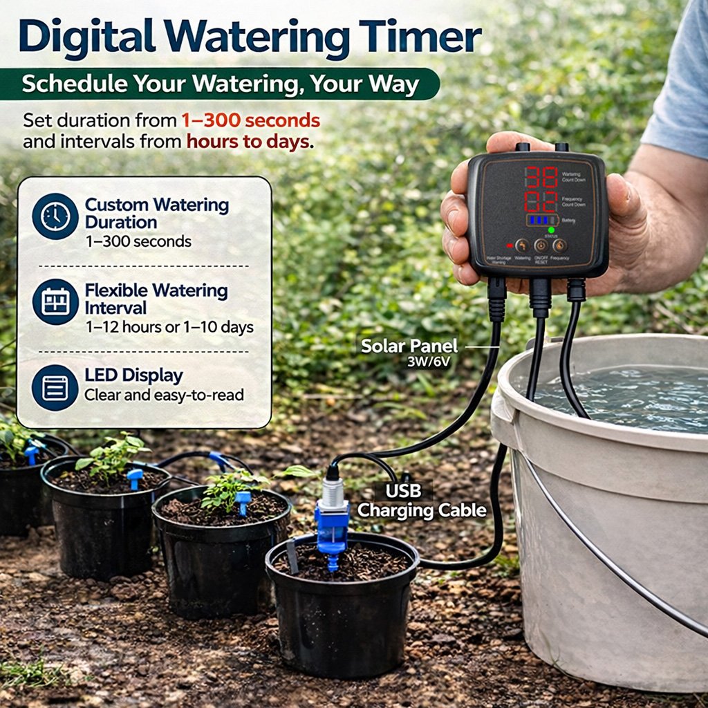 Solar watering system for 12 plants with digital timer