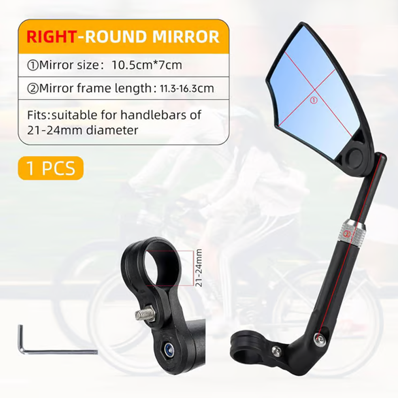 Bicycle rearview mirror with 180° field of view and 360° adjustment