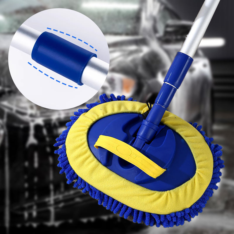 Telescopic car wash brush with rotating microfiber head