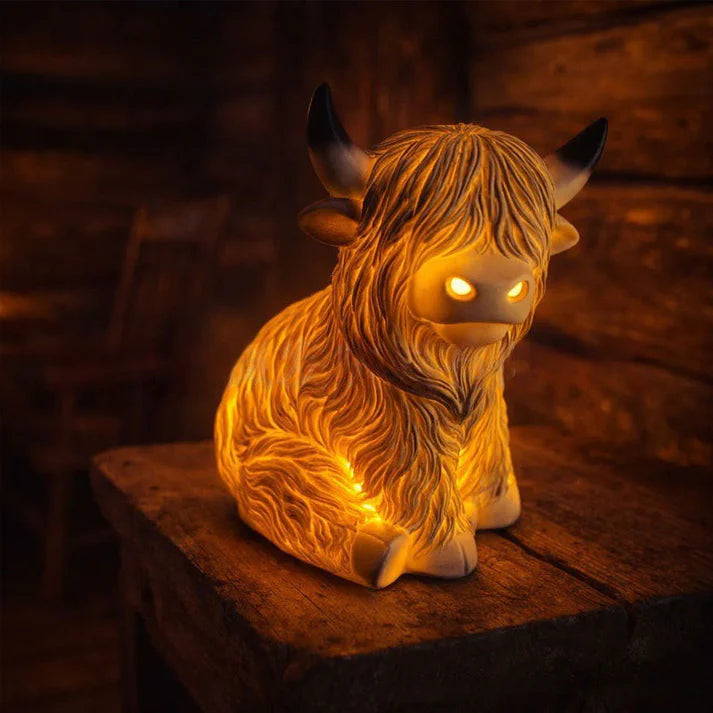 Highland-Kuh Nachtlicht aus Resin – Dekorative Lampe mit warmem Bernsteinlicht