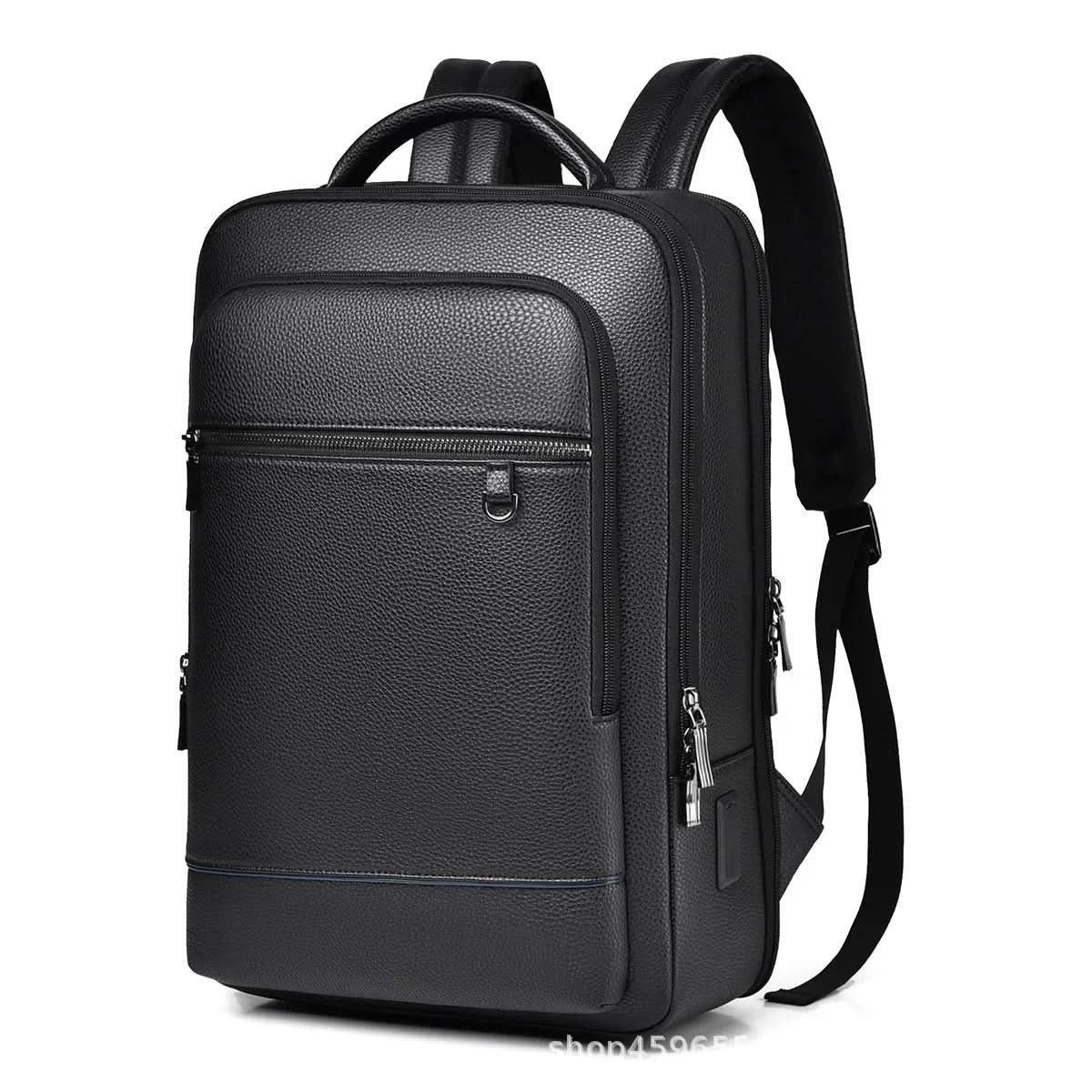 Leather backpack with USB charging port for 15.6-inch laptop