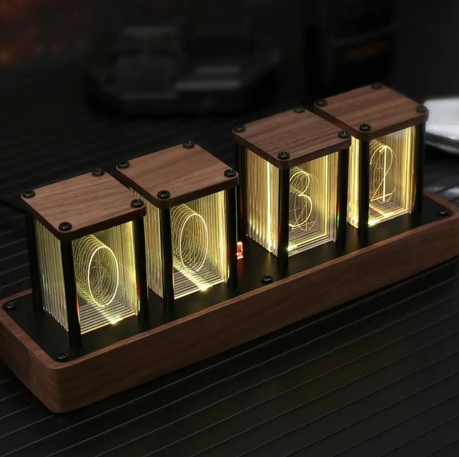 LED table clock in Nixie style with wooden base and RGB light