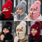 Knitted hat with scarf and fur pom-pom – Windproof for cold days