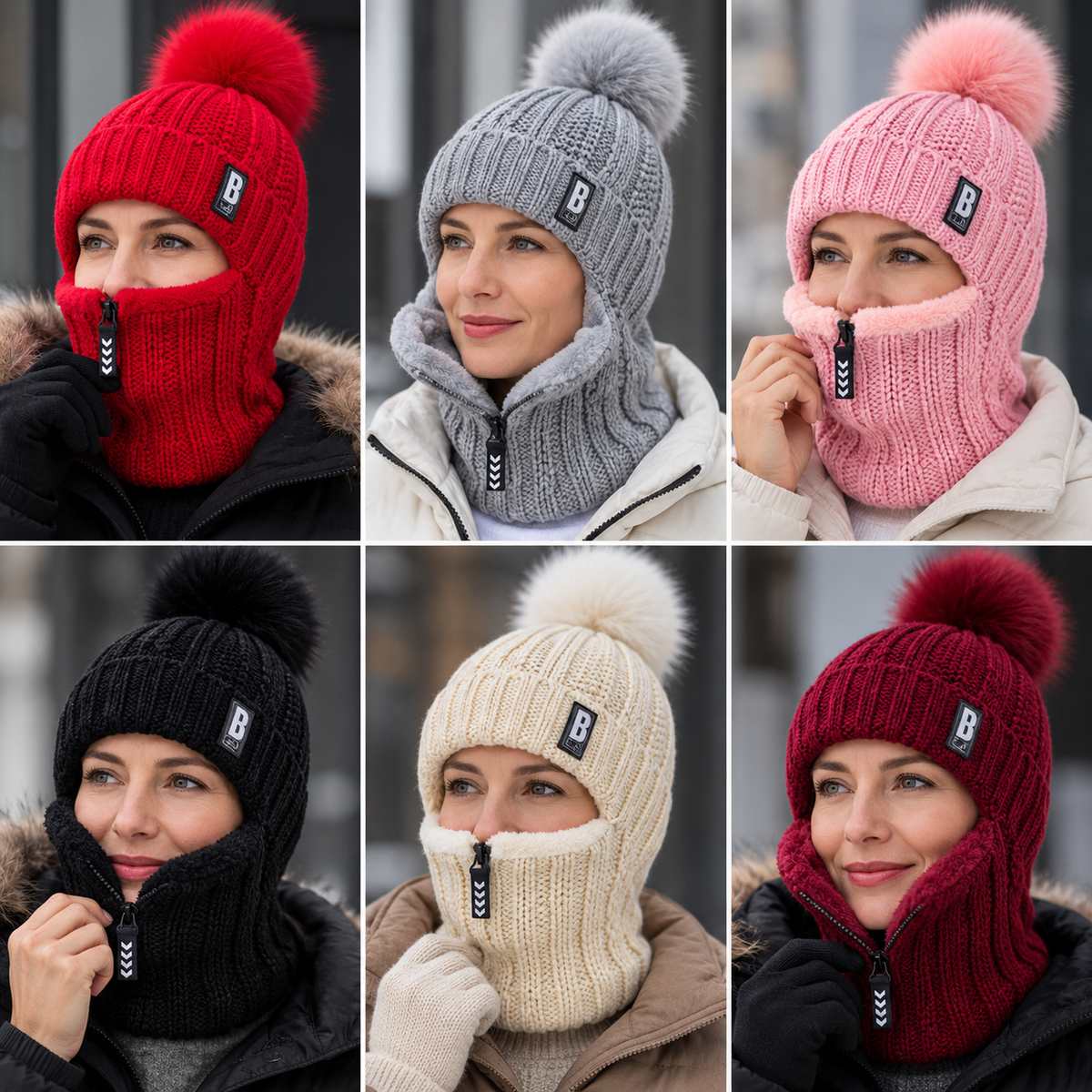 Knitted hat with scarf and fur pom-pom – Windproof for cold days