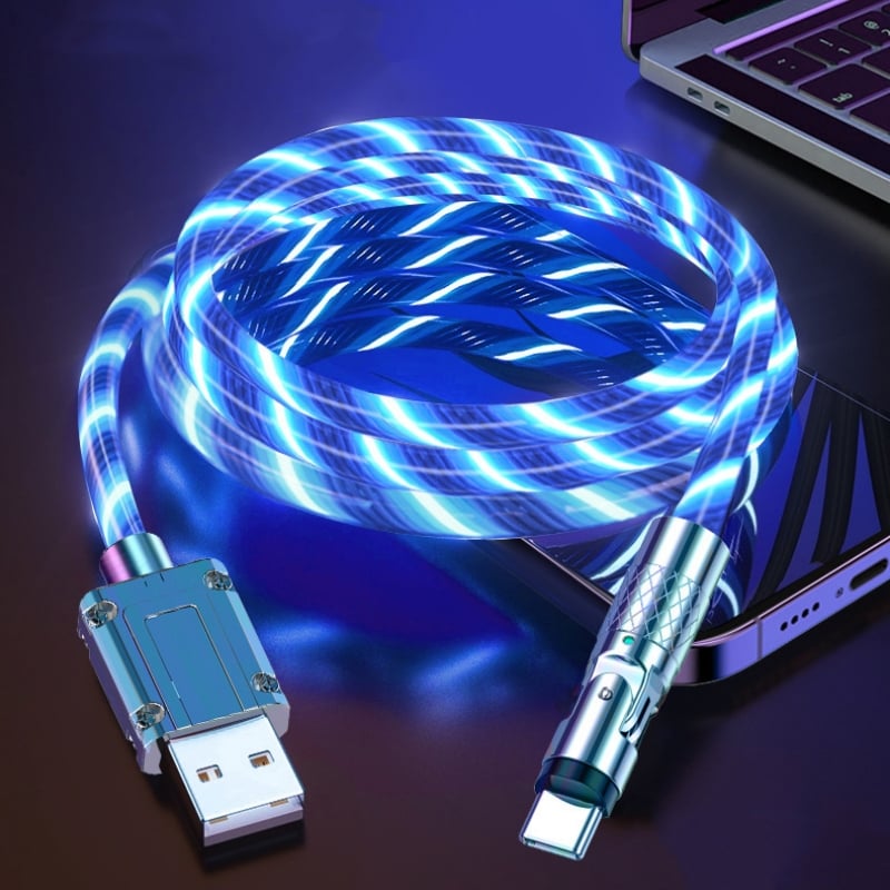 USB charging cable with 540° rotating connector and LED lighting