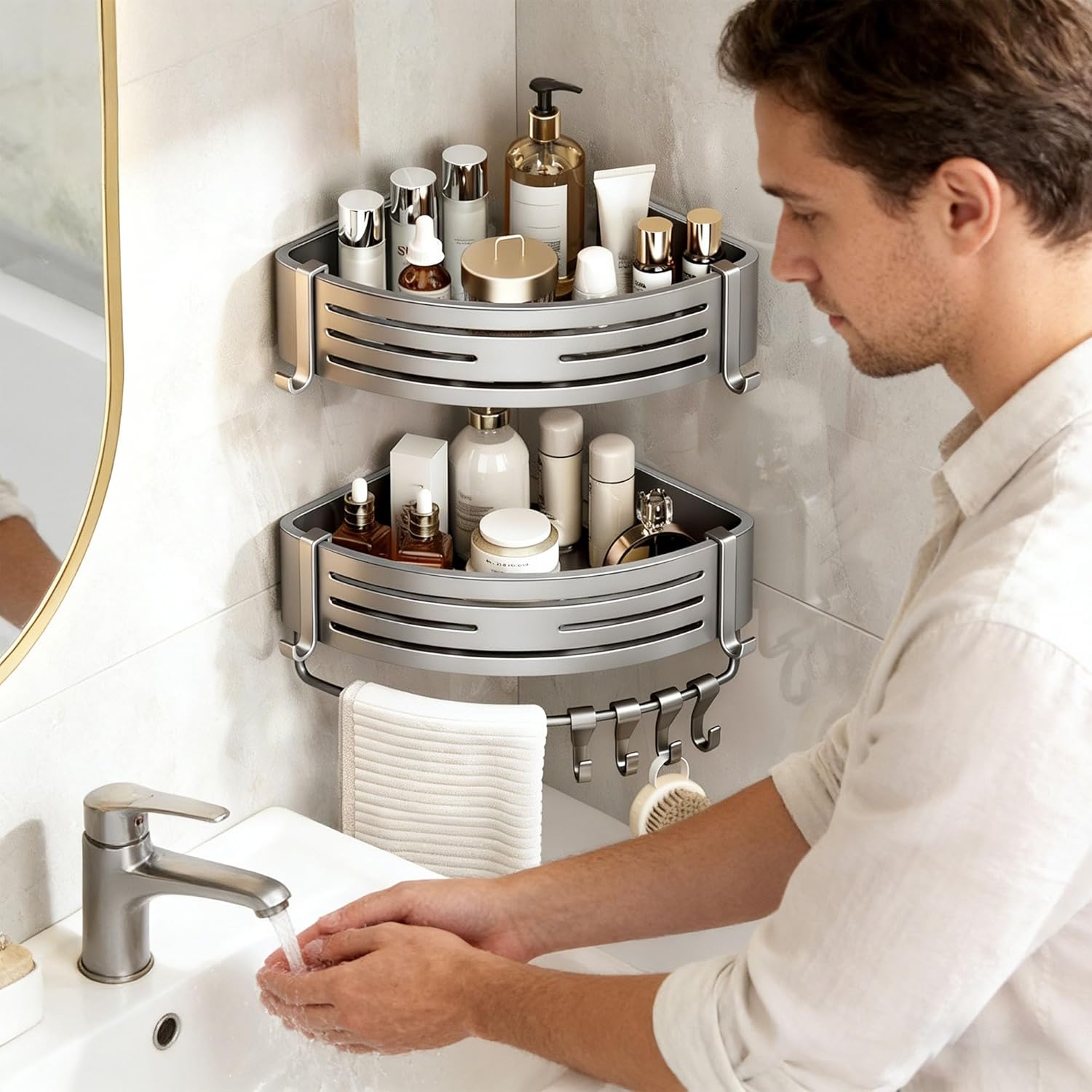 Duscheckregal 2er-Set – Bohrlochfreie Wandmontage mit Haken