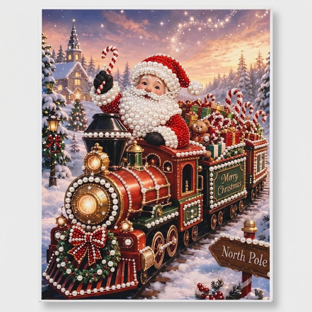 Christmas Diamond Painting with Beads, Santa Claus on a Train, 30 × 40 cm