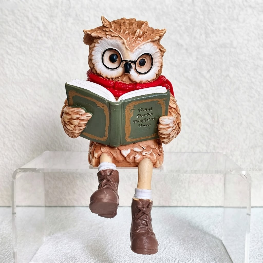 Owl edge-sitter figurine with book, glasses and scarf – 15 cm