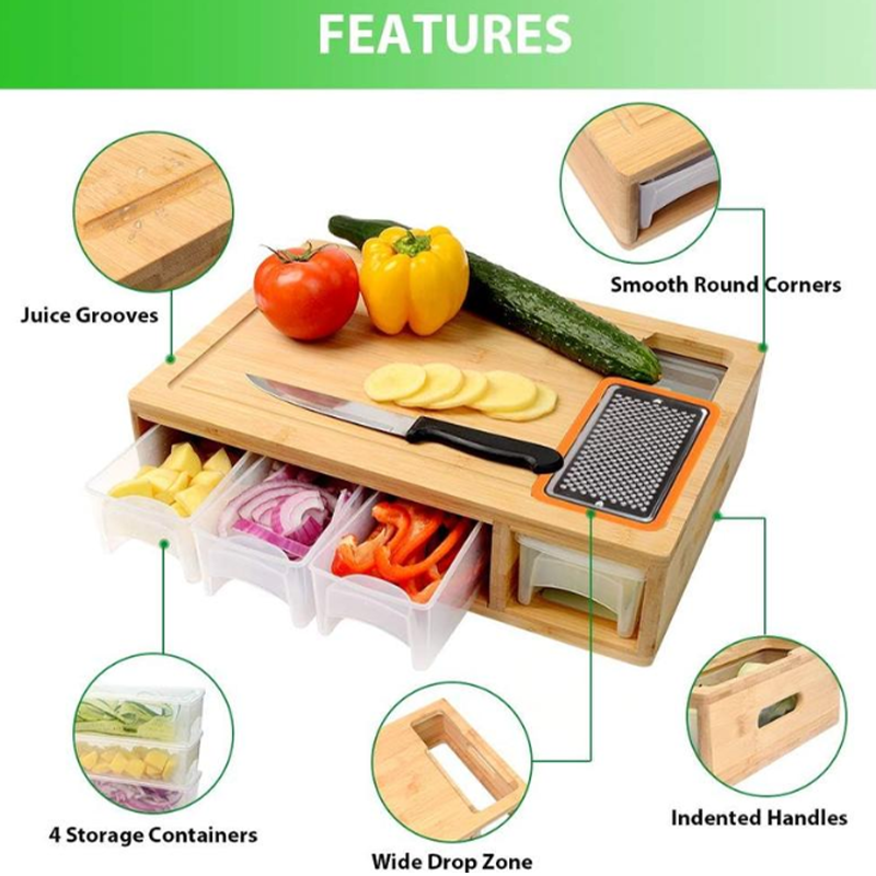 Bamboo cutting board with 4 graters and storage boxes cm