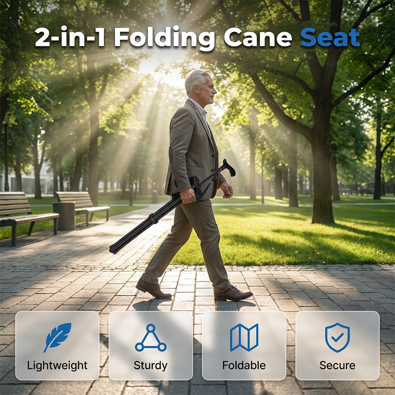 Walking stick with seat function – height adjustable, foldable