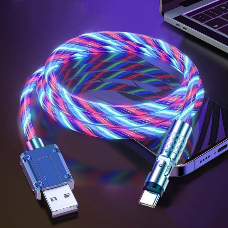 USB charging cable with 540° rotating connector and LED lighting