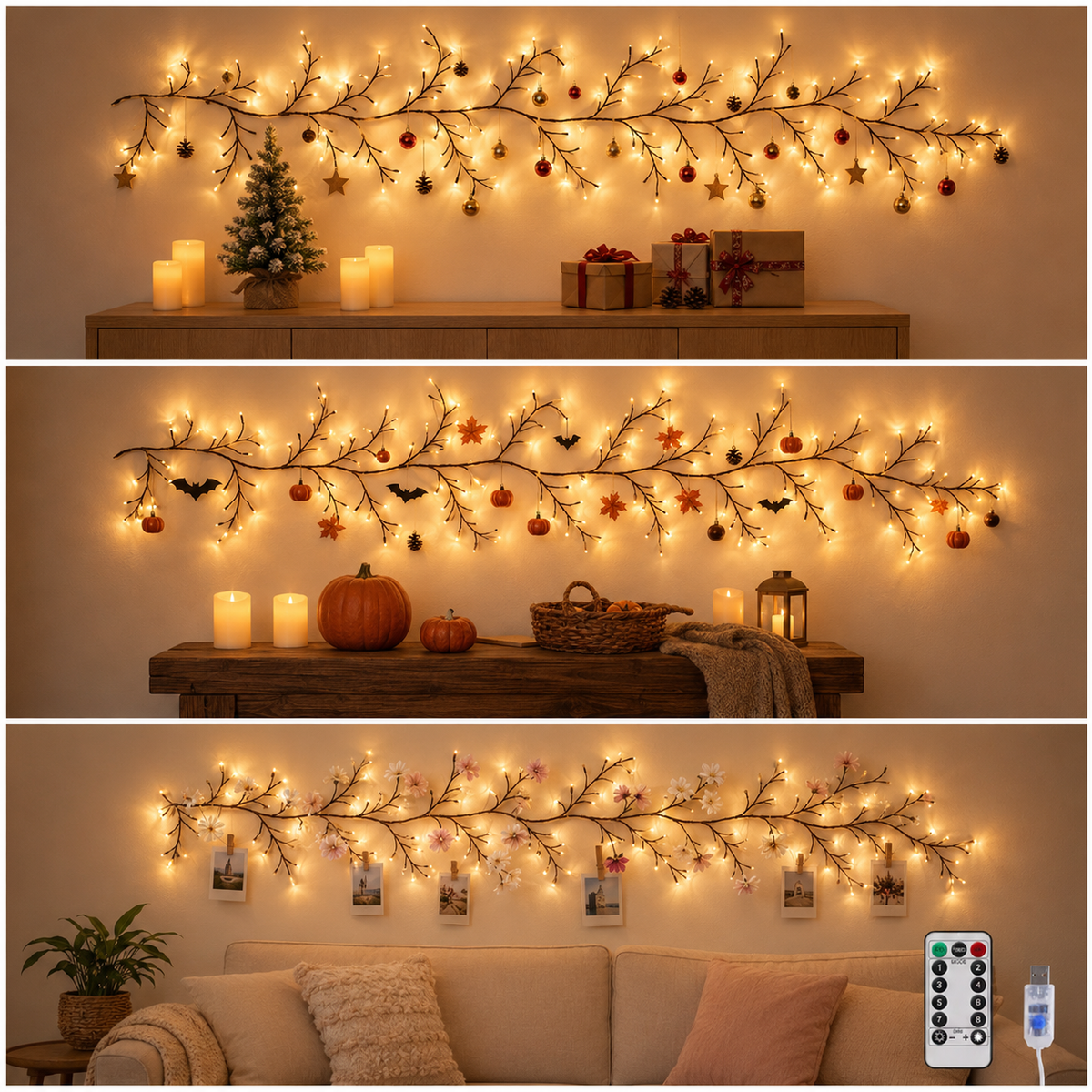LED-Lichterzweig 160 cm, 72 LEDs warmweiß, USB-Betrieb & Fernbedienung – braun, Weidenoptik