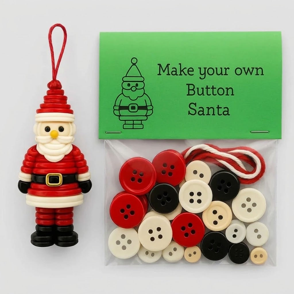 DIY Christmas ornaments made from buttons, craft kit with thread and accessories