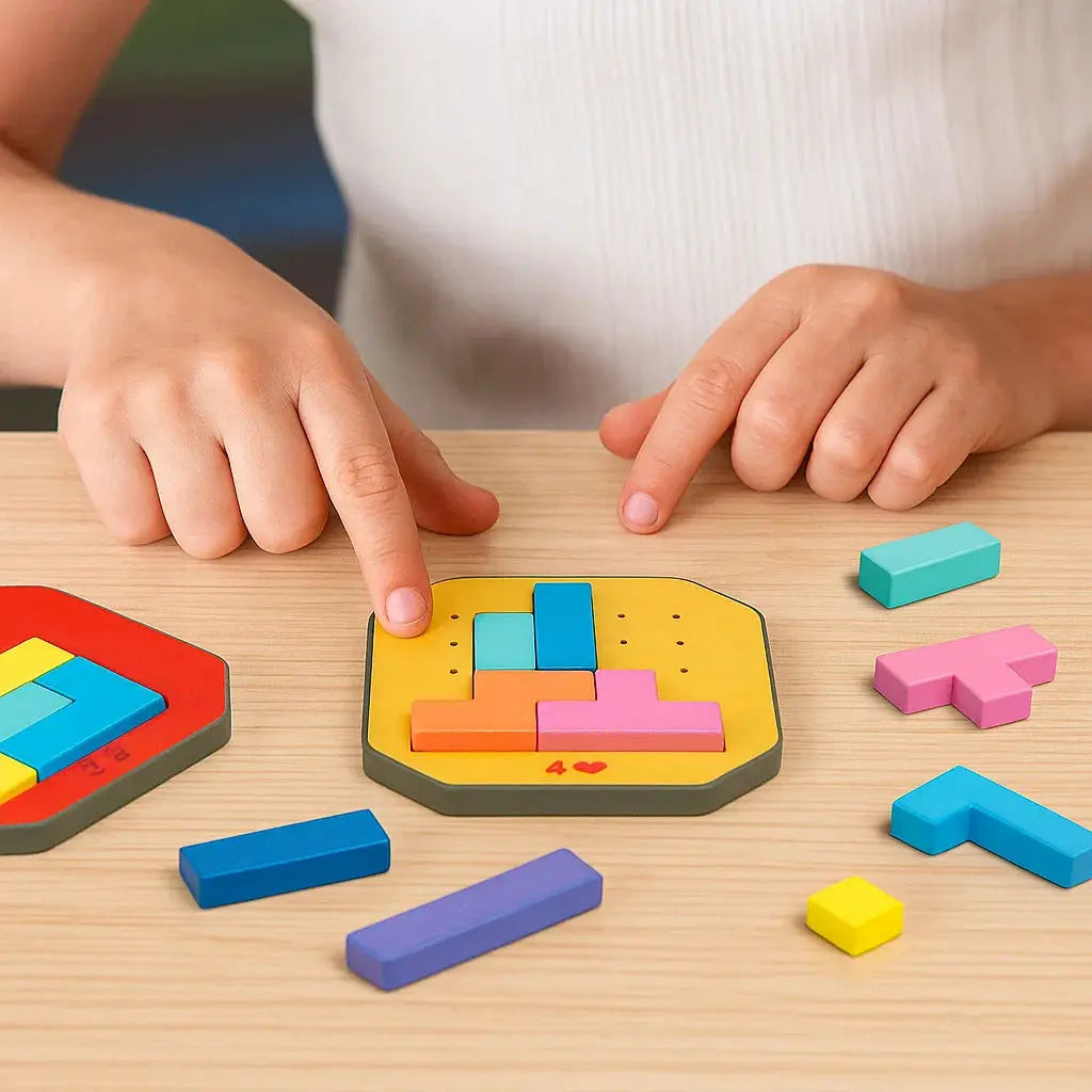 Logik-Puzzlespiel mit 108 bunten Teilen und 20 Aufgabenkarten