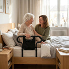 Bed rail assist handle with storage pouch, height-adjustable, up to 136 kg