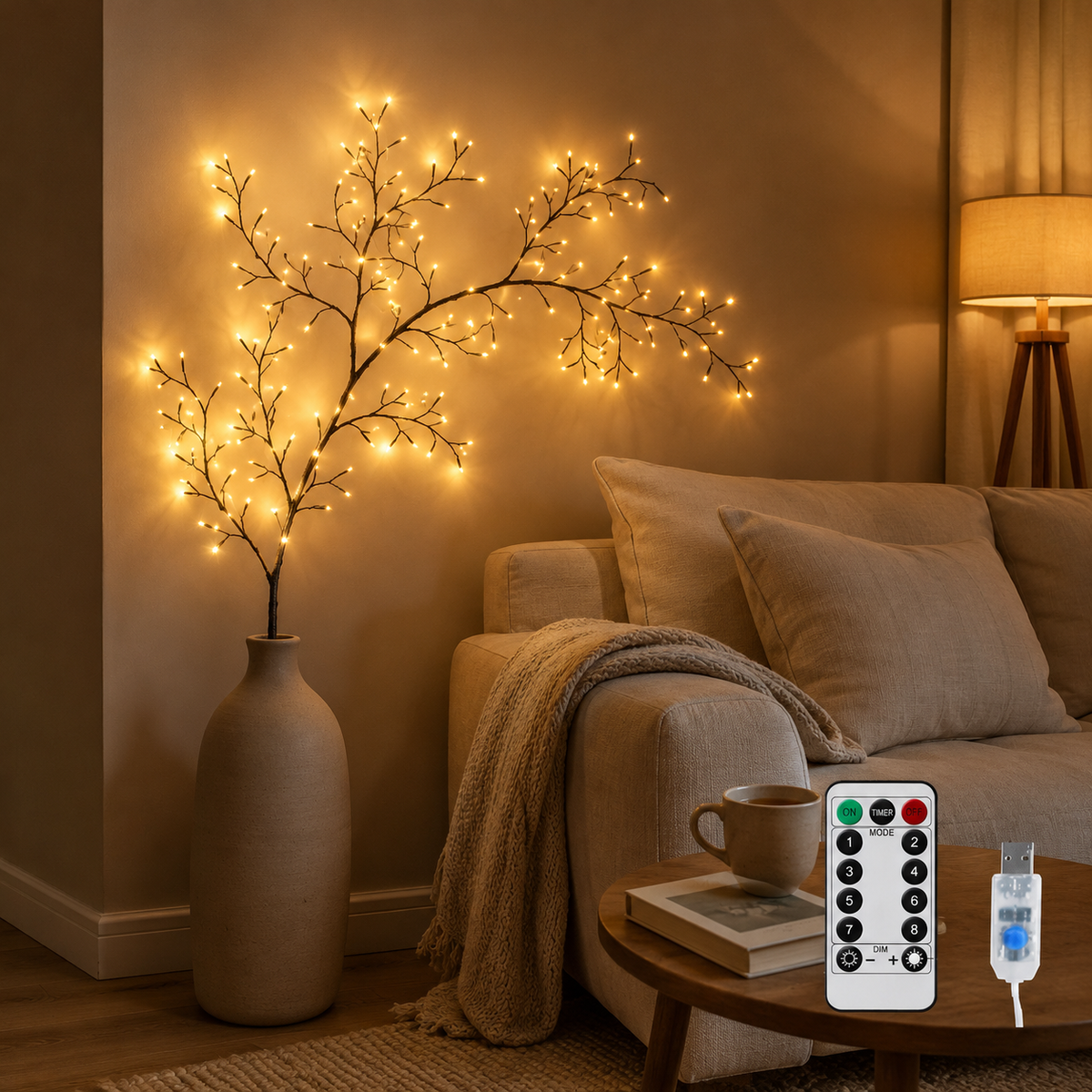 LED-Lichterzweig 160 cm, 72 LEDs warmweiß, USB-Betrieb & Fernbedienung – braun, Weidenoptik
