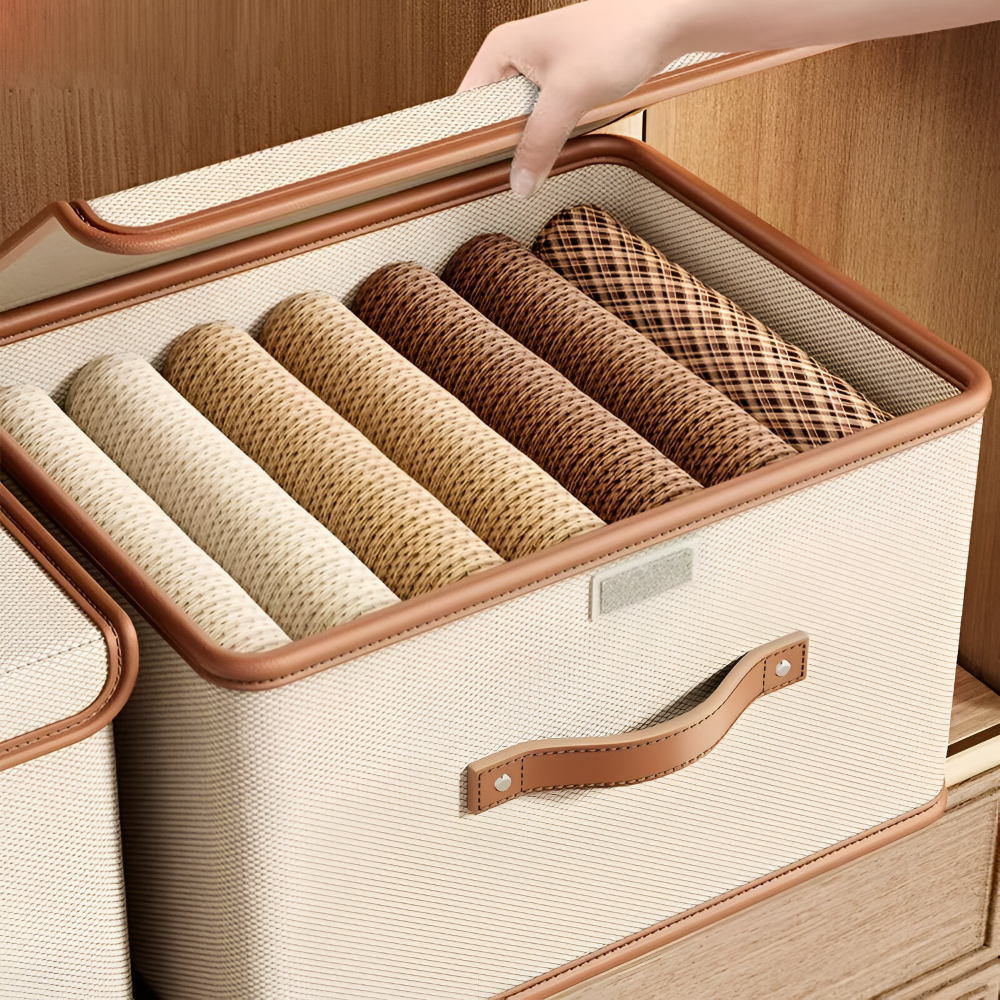 Foldable storage box with lid and leather handles