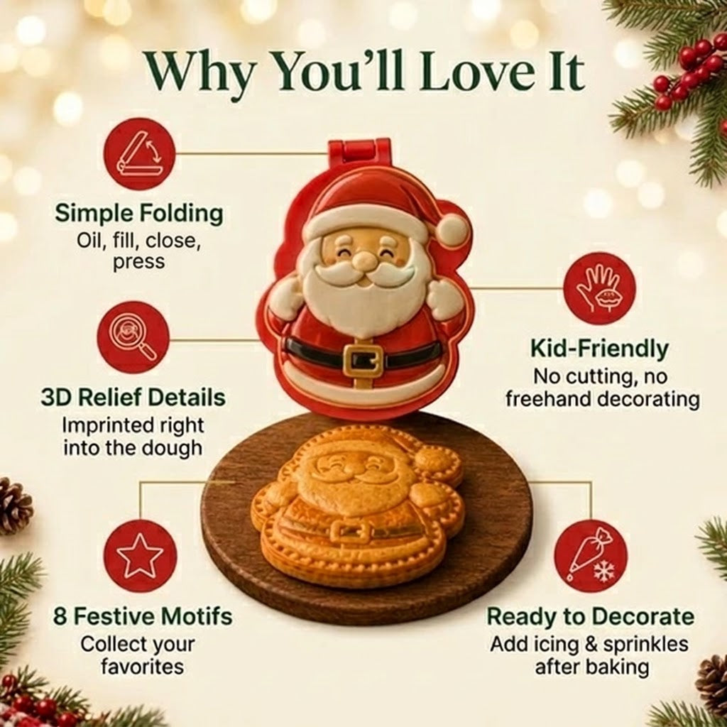 Christmas press mold for cookies and mini pies, opens up - 3D design, approx. 6 cm, 8 designs