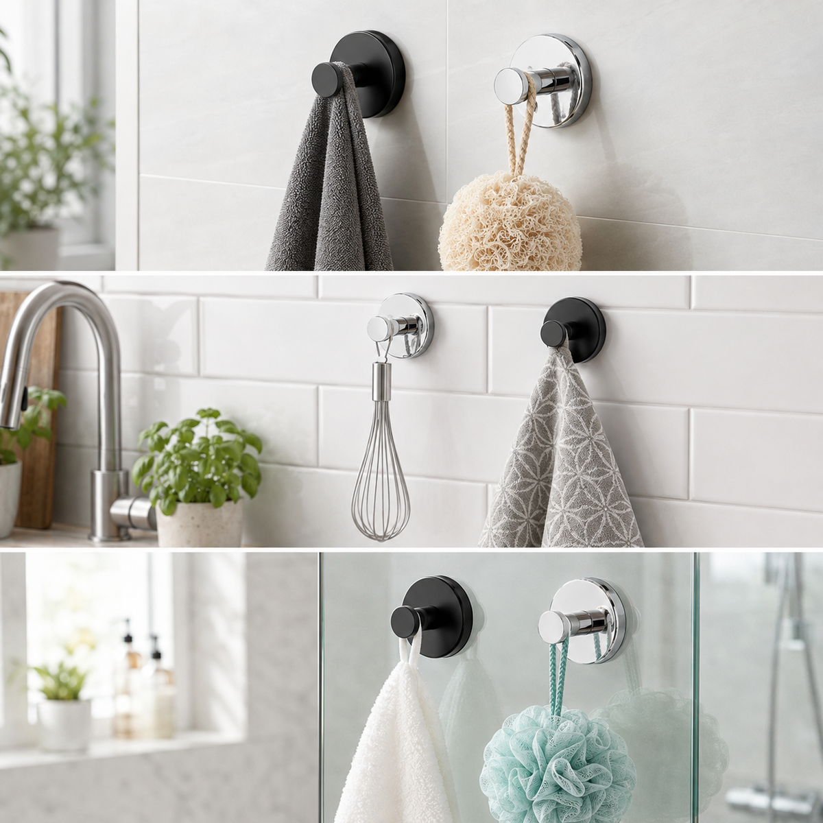 Stainless steel suction cup hooks Black & Silver – Set of 4, no drilling