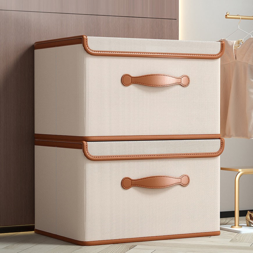 Foldable storage box with lid and leather handles