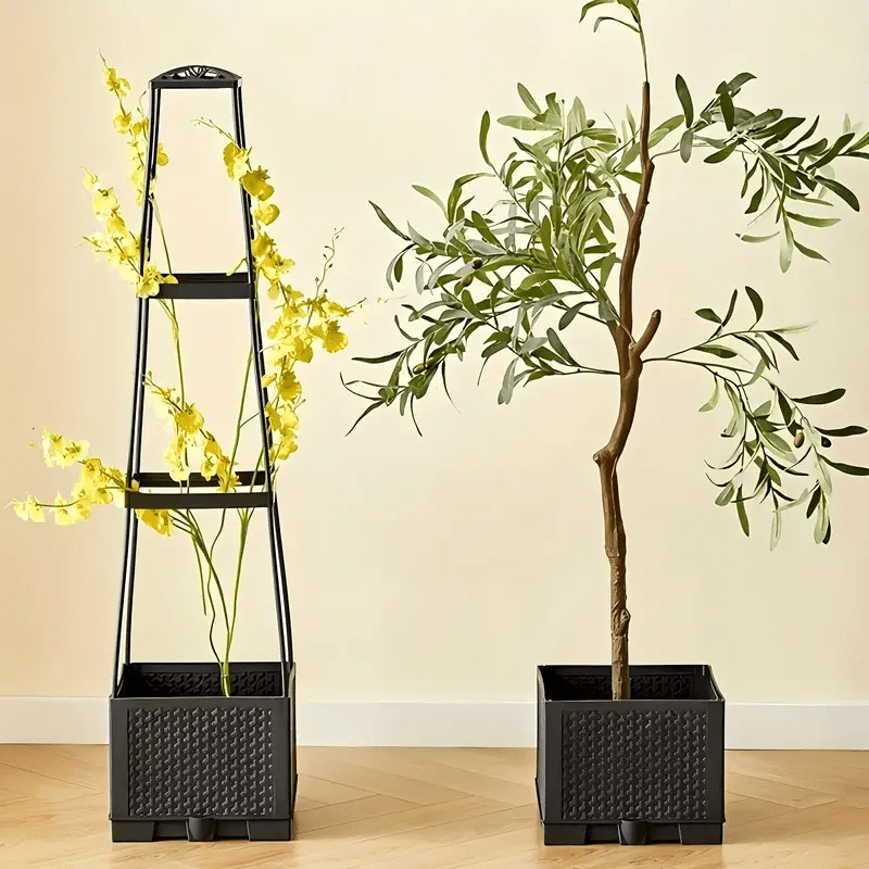 Self-watering planter box with trellis – Anthracite