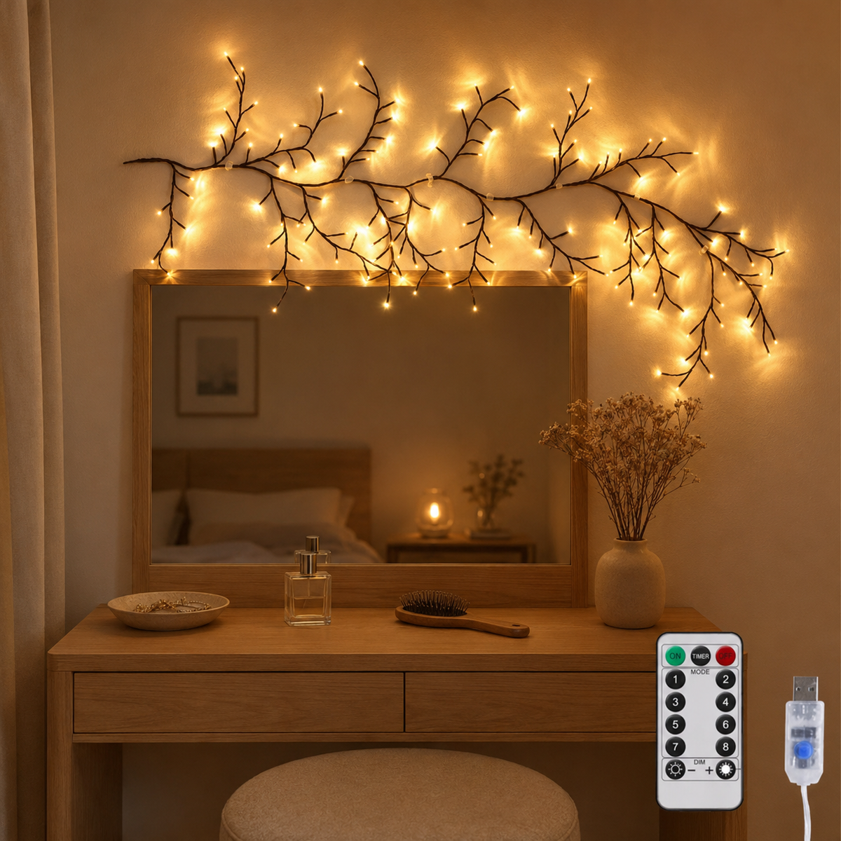 LED-Lichterzweig 160 cm, 72 LEDs warmweiß, USB-Betrieb & Fernbedienung – braun, Weidenoptik