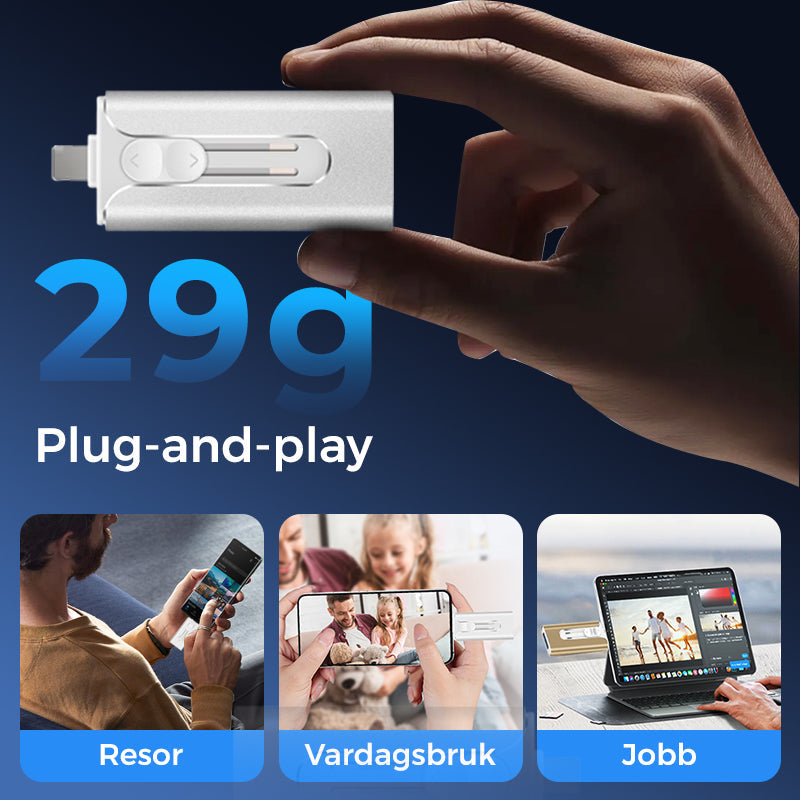 USB stick 4-in-1 with Lightning, USB-A, and USB-C connectors