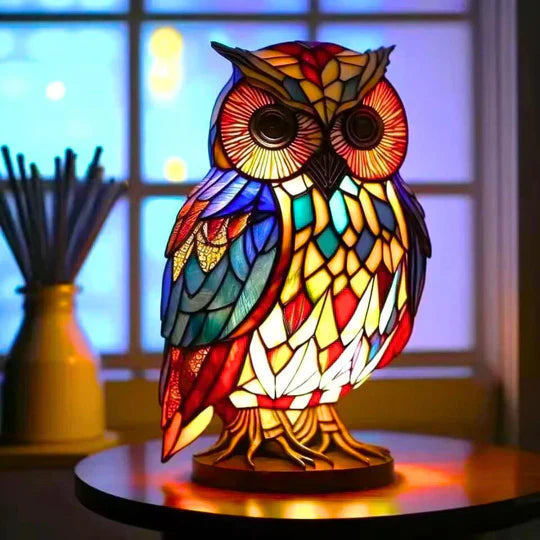 Tischlampe Uil Buntglas – warmweißes LED-Licht für Wohnzimmer